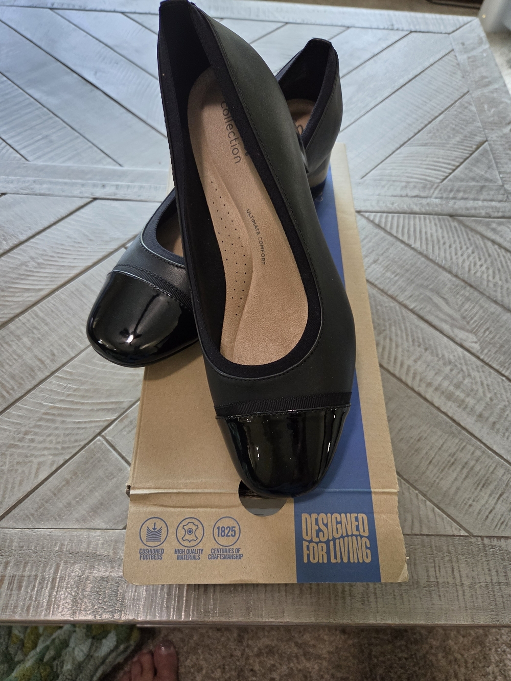 Clarks Black Matte & Patent Cap-Toe Ballet Low Heeled Shoe